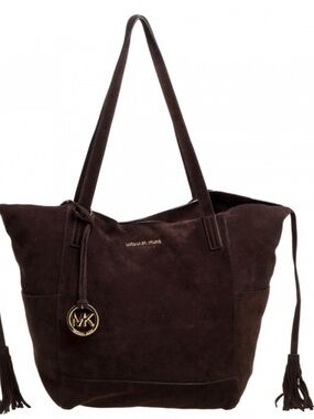 Michael Kors Dark Brown Suede Hobo Tote with Gold MK Charm